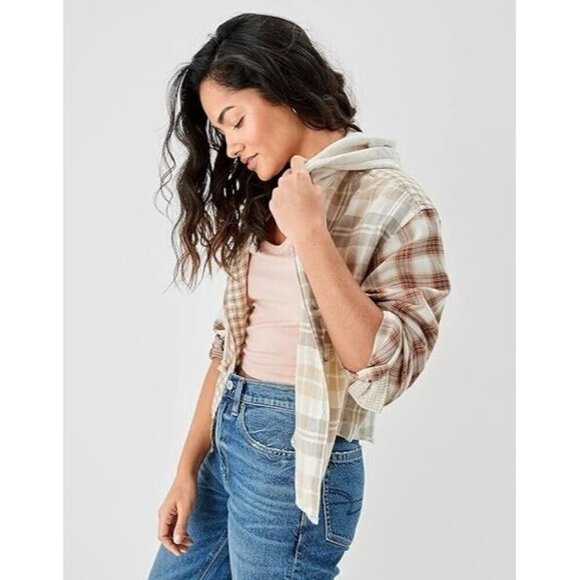 American Eagle Cropped‎ Hooded Multicolor Brown And Tan Flannel Shirt Size Small - Picture 3 of 16